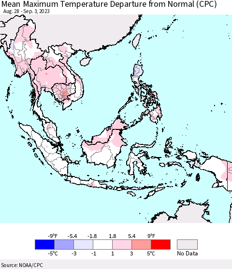 South East Asia Mean Maximum Temperature Departure from Normal (CPC) Thematic Map For 8/28/2023 - 9/3/2023