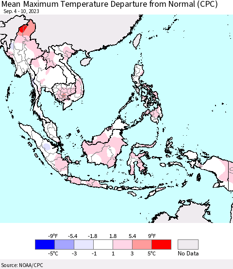 South East Asia Mean Maximum Temperature Departure from Normal (CPC) Thematic Map For 9/4/2023 - 9/10/2023