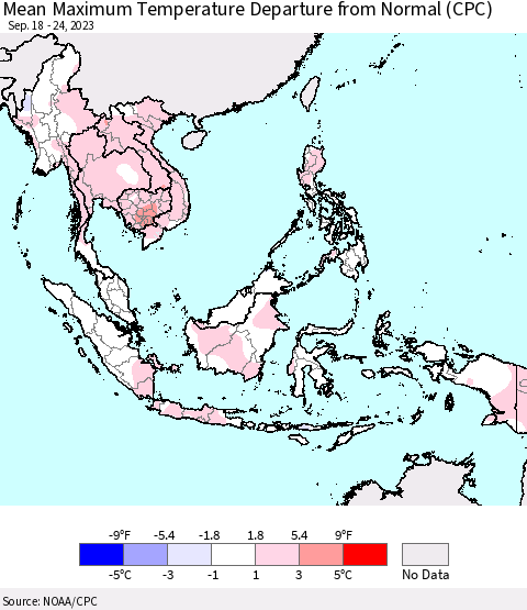 South East Asia Mean Maximum Temperature Departure from Normal (CPC) Thematic Map For 9/18/2023 - 9/24/2023