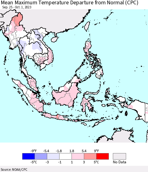 South East Asia Mean Maximum Temperature Departure from Normal (CPC) Thematic Map For 9/25/2023 - 10/1/2023