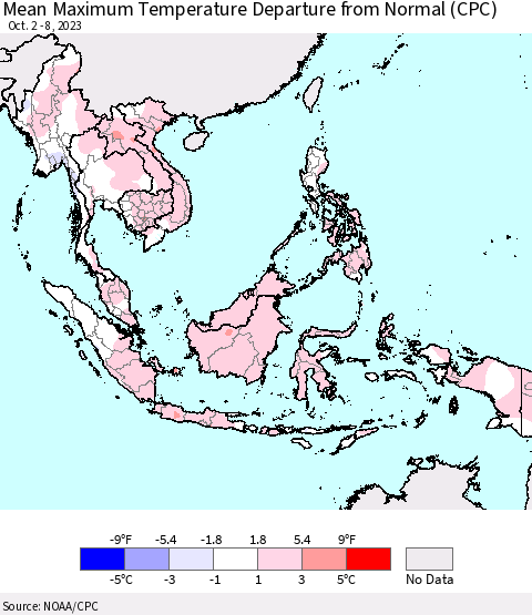 South East Asia Mean Maximum Temperature Departure from Normal (CPC) Thematic Map For 10/2/2023 - 10/8/2023