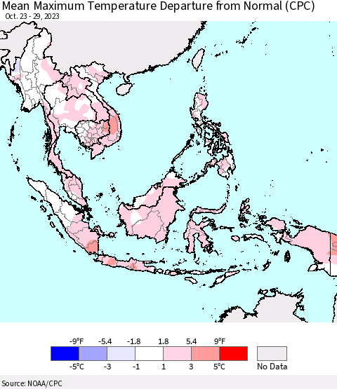 South East Asia Mean Maximum Temperature Departure from Normal (CPC) Thematic Map For 10/23/2023 - 10/29/2023