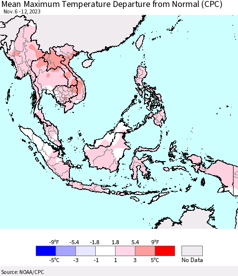 South East Asia Mean Maximum Temperature Departure from Normal (CPC) Thematic Map For 11/6/2023 - 11/12/2023