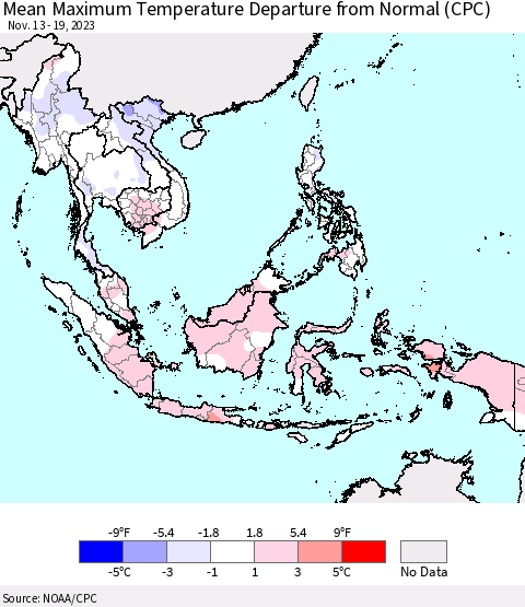 South East Asia Mean Maximum Temperature Departure from Normal (CPC) Thematic Map For 11/13/2023 - 11/19/2023
