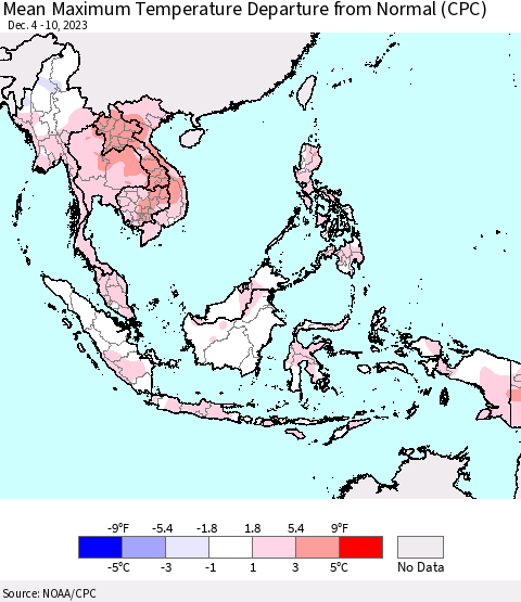 South East Asia Mean Maximum Temperature Departure from Normal (CPC) Thematic Map For 12/4/2023 - 12/10/2023
