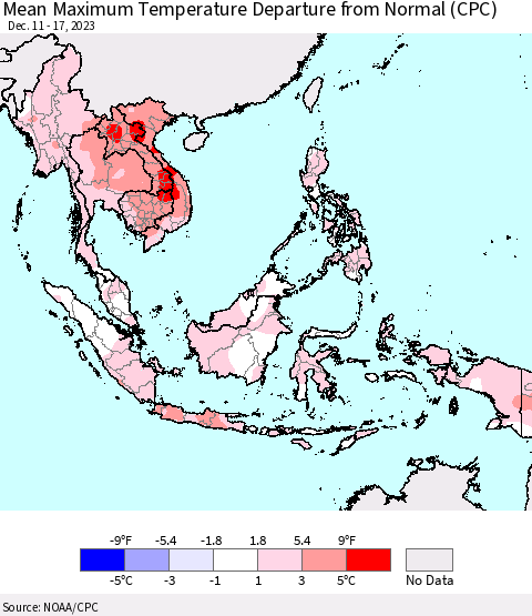 South East Asia Mean Maximum Temperature Departure from Normal (CPC) Thematic Map For 12/11/2023 - 12/17/2023
