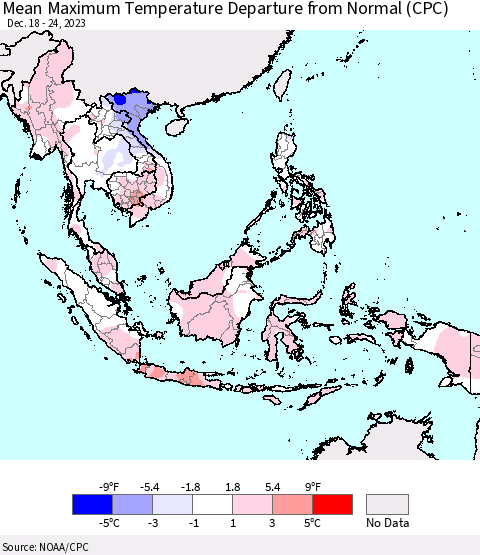 South East Asia Mean Maximum Temperature Departure from Normal (CPC) Thematic Map For 12/18/2023 - 12/24/2023