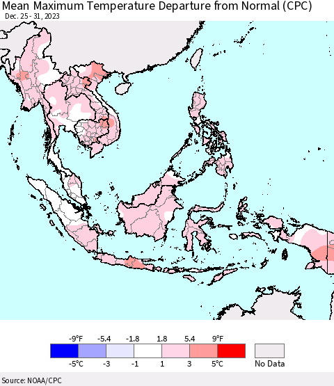 South East Asia Mean Maximum Temperature Departure from Normal (CPC) Thematic Map For 12/25/2023 - 12/31/2023