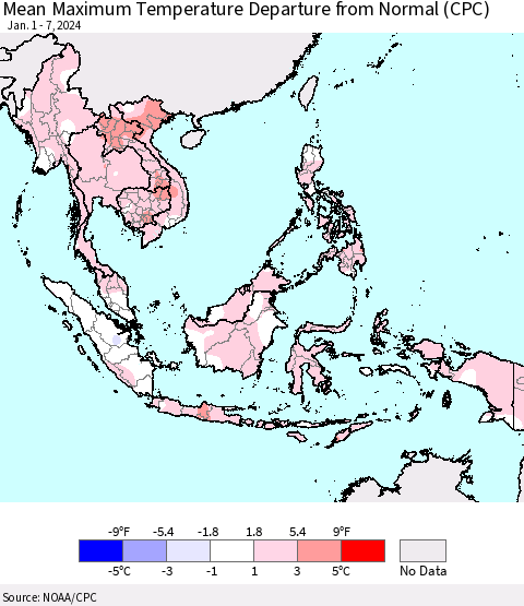 South East Asia Mean Maximum Temperature Departure from Normal (CPC) Thematic Map For 1/1/2024 - 1/7/2024