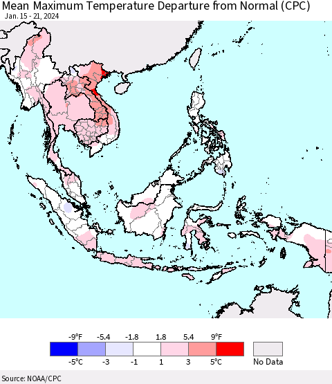 South East Asia Mean Maximum Temperature Departure from Normal (CPC) Thematic Map For 1/15/2024 - 1/21/2024