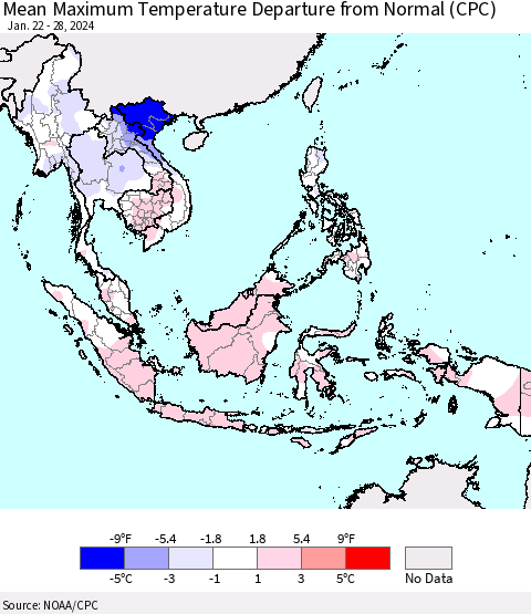 South East Asia Mean Maximum Temperature Departure from Normal (CPC) Thematic Map For 1/22/2024 - 1/28/2024