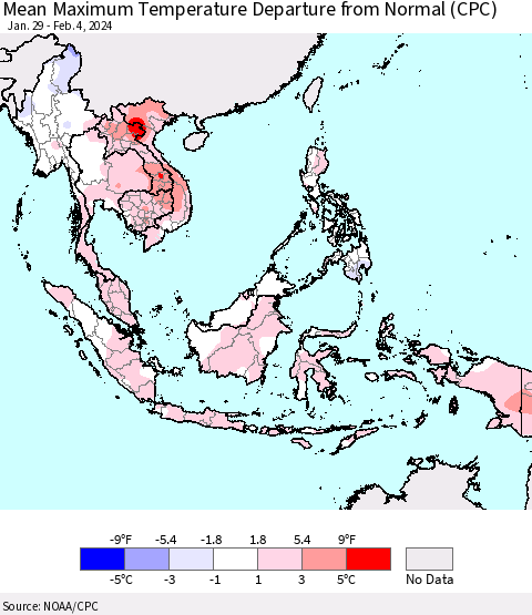 South East Asia Mean Maximum Temperature Departure from Normal (CPC) Thematic Map For 1/29/2024 - 2/4/2024