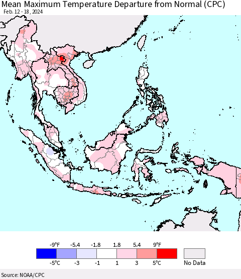 South East Asia Mean Maximum Temperature Departure from Normal (CPC) Thematic Map For 2/12/2024 - 2/18/2024