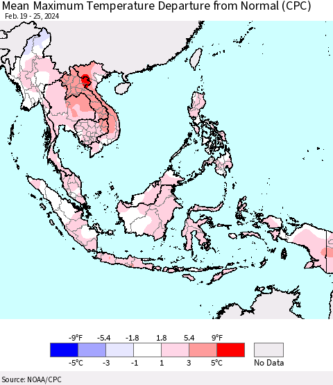 South East Asia Mean Maximum Temperature Departure from Normal (CPC) Thematic Map For 2/19/2024 - 2/25/2024