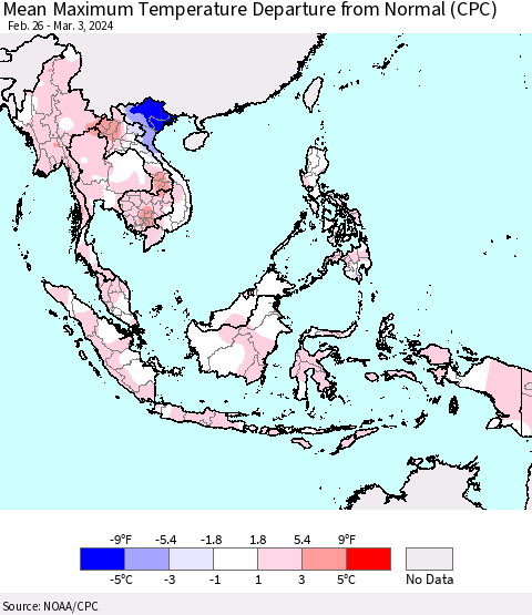 South East Asia Mean Maximum Temperature Departure from Normal (CPC) Thematic Map For 2/26/2024 - 3/3/2024