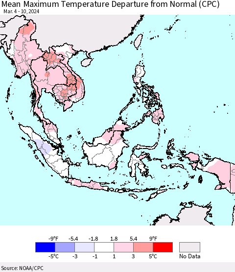 South East Asia Mean Maximum Temperature Departure from Normal (CPC) Thematic Map For 3/4/2024 - 3/10/2024