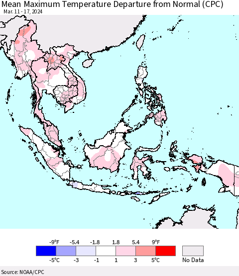 South East Asia Mean Maximum Temperature Departure from Normal (CPC) Thematic Map For 3/11/2024 - 3/17/2024