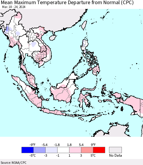 South East Asia Mean Maximum Temperature Departure from Normal (CPC) Thematic Map For 3/18/2024 - 3/24/2024