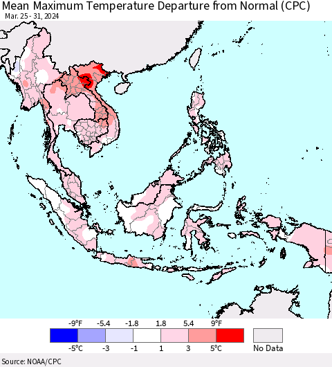 South East Asia Mean Maximum Temperature Departure from Normal (CPC) Thematic Map For 3/25/2024 - 3/31/2024