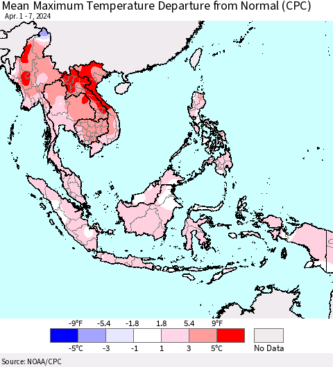South East Asia Mean Maximum Temperature Departure from Normal (CPC) Thematic Map For 4/1/2024 - 4/7/2024