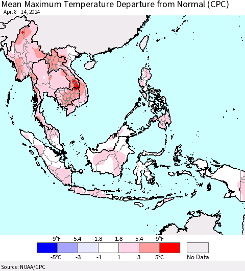 South East Asia Mean Maximum Temperature Departure from Normal (CPC) Thematic Map For 4/8/2024 - 4/14/2024
