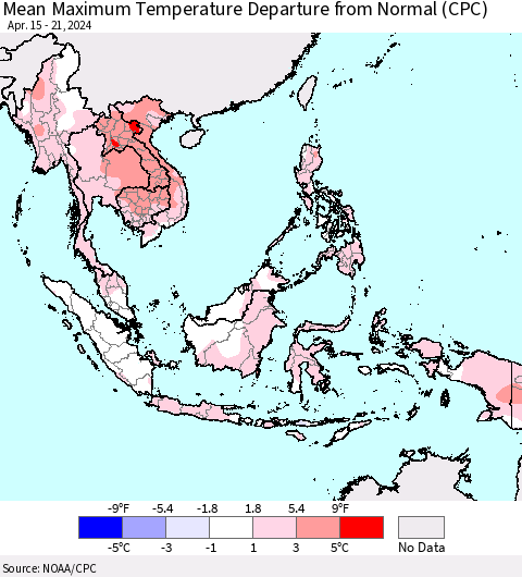 South East Asia Mean Maximum Temperature Departure from Normal (CPC) Thematic Map For 4/15/2024 - 4/21/2024