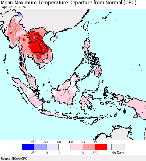 South East Asia Mean Maximum Temperature Departure from Normal (CPC) Thematic Map For 4/22/2024 - 4/28/2024