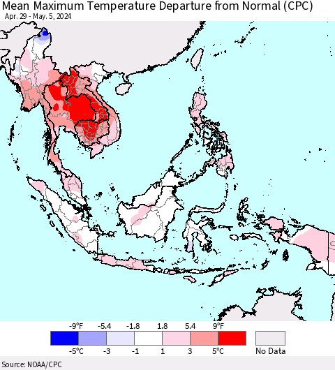 South East Asia Mean Maximum Temperature Departure from Normal (CPC) Thematic Map For 4/29/2024 - 5/5/2024