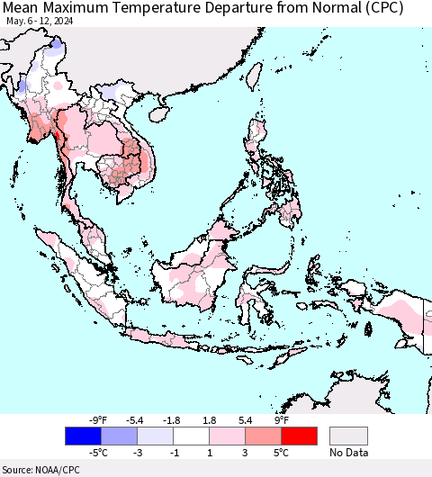 South East Asia Mean Maximum Temperature Departure from Normal (CPC) Thematic Map For 5/6/2024 - 5/12/2024