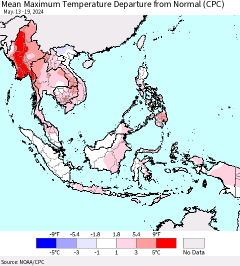 South East Asia Mean Maximum Temperature Departure from Normal (CPC) Thematic Map For 5/13/2024 - 5/19/2024