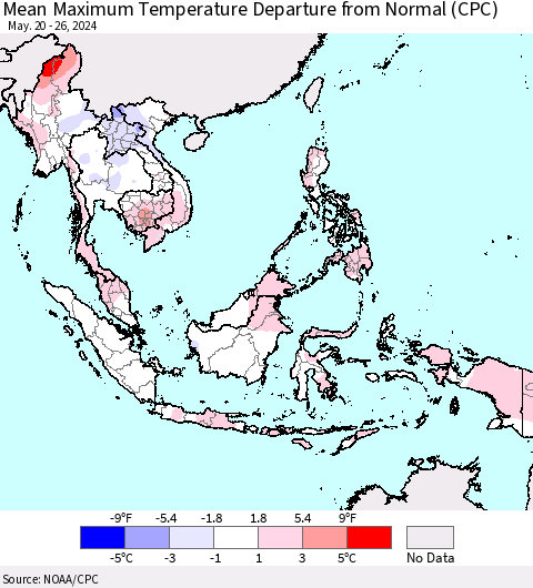 South East Asia Mean Maximum Temperature Departure from Normal (CPC) Thematic Map For 5/20/2024 - 5/26/2024