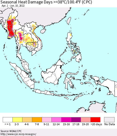 South East Asia Seasonal Heat Damage Days >=38°C/100°F (CPC) Thematic Map For 4/1/2021 - 1/10/2022
