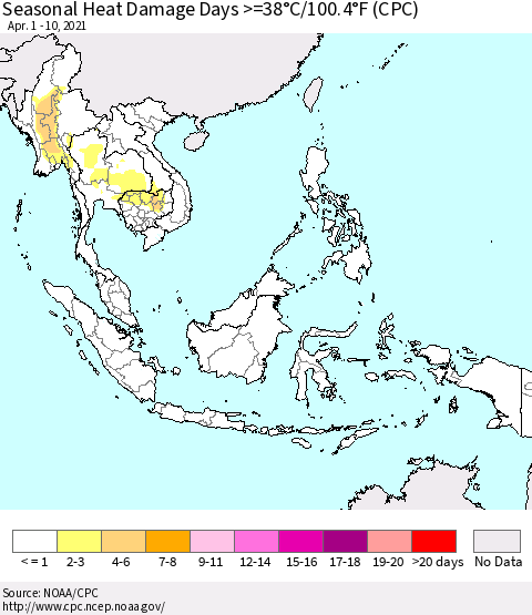 South East Asia Seasonal Heat Damage Days >=38°C/100°F (CPC) Thematic Map For 4/1/2021 - 4/10/2021