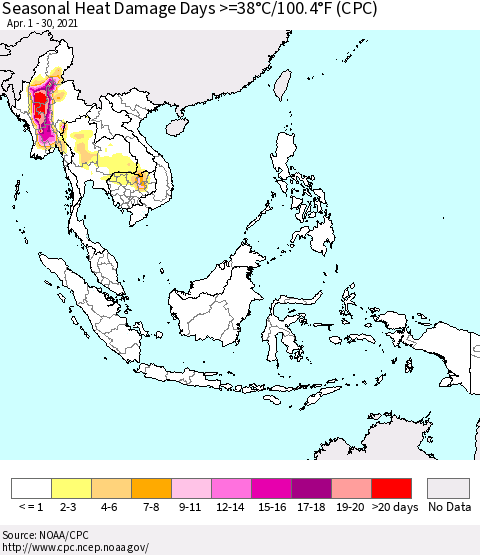 South East Asia Seasonal Heat Damage Days >=38°C/100°F (CPC) Thematic Map For 4/1/2021 - 4/30/2021