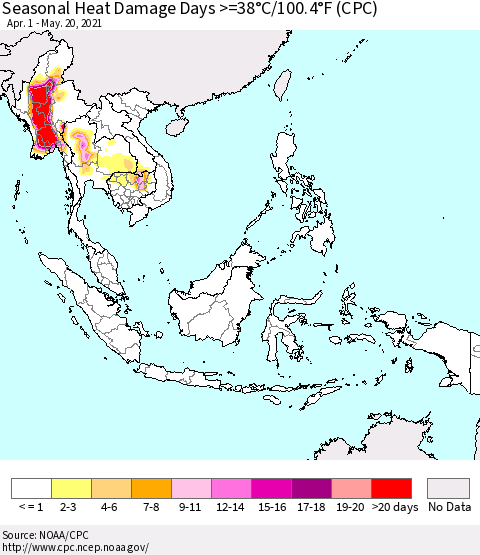 South East Asia Seasonal Heat Damage Days >=38°C/100°F (CPC) Thematic Map For 4/1/2021 - 5/20/2021