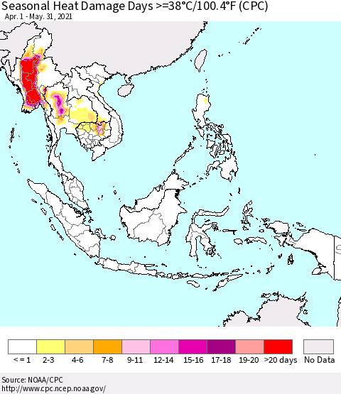 South East Asia Seasonal Heat Damage Days >=38°C/100°F (CPC) Thematic Map For 4/1/2021 - 5/31/2021
