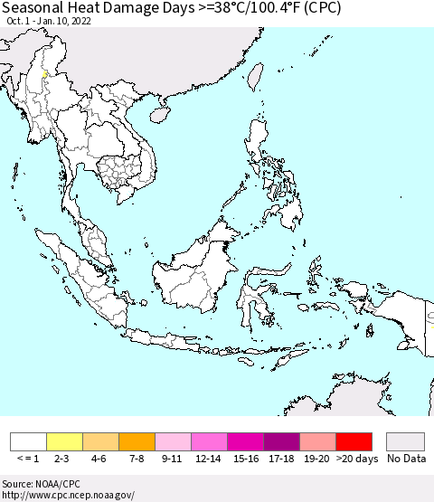 South East Asia Seasonal Heat Damage Days >=38°C/100°F (CPC) Thematic Map For 10/1/2021 - 1/10/2022