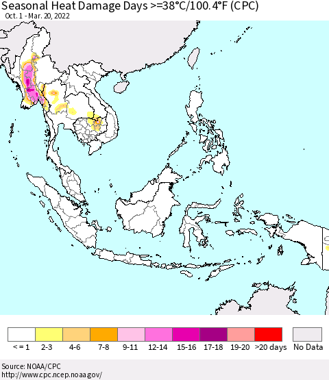 South East Asia Seasonal Heat Damage Days >=38°C/100°F (CPC) Thematic Map For 10/1/2021 - 3/20/2022
