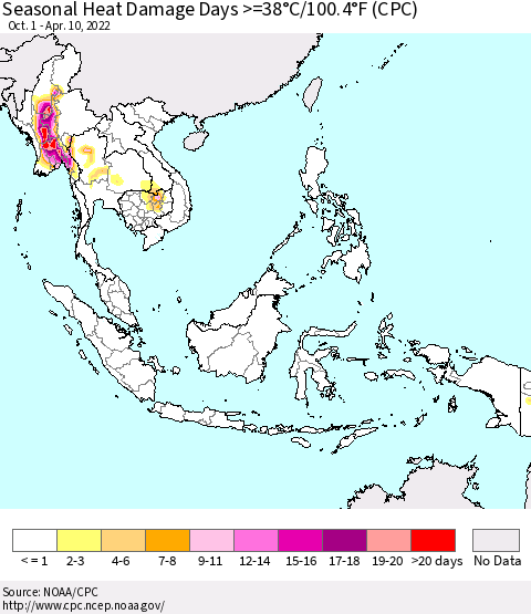 South East Asia Seasonal Heat Damage Days >=38°C/100°F (CPC) Thematic Map For 10/1/2021 - 4/10/2022