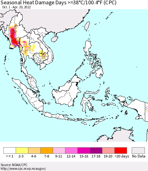 South East Asia Seasonal Heat Damage Days >=38°C/100°F (CPC) Thematic Map For 10/1/2021 - 4/20/2022