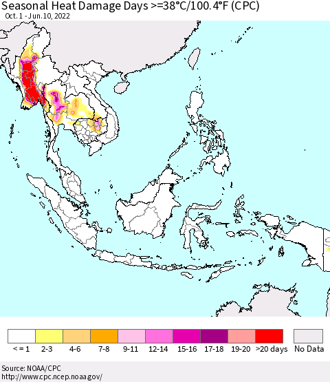 South East Asia Seasonal Heat Damage Days >=38°C/100°F (CPC) Thematic Map For 10/1/2021 - 6/10/2022