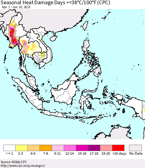 South East Asia Seasonal Heat Damage Days >=38°C/100°F (CPC) Thematic Map For 4/1/2022 - 1/10/2023