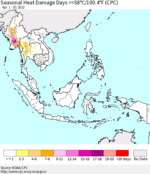 South East Asia Seasonal Heat Damage Days >=38°C/100°F (CPC) Thematic Map For 4/1/2022 - 4/20/2022