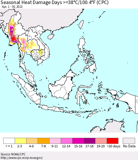 South East Asia Seasonal Heat Damage Days >=38°C/100°F (CPC) Thematic Map For 4/1/2022 - 4/30/2022