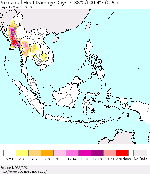 South East Asia Seasonal Heat Damage Days >=38°C/100°F (CPC) Thematic Map For 4/1/2022 - 5/10/2022