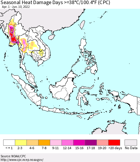 South East Asia Seasonal Heat Damage Days >=38°C/100°F (CPC) Thematic Map For 4/1/2022 - 6/10/2022