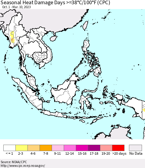 South East Asia Seasonal Heat Damage Days >=38°C/100°F (CPC) Thematic Map For 10/1/2022 - 3/10/2023