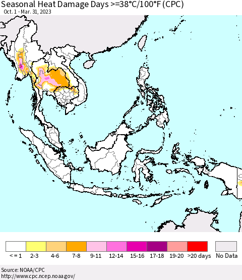 South East Asia Seasonal Heat Damage Days >=38°C/100°F (CPC) Thematic Map For 10/1/2022 - 3/31/2023