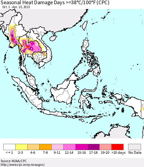 South East Asia Seasonal Heat Damage Days >=38°C/100°F (CPC) Thematic Map For 10/1/2022 - 4/10/2023