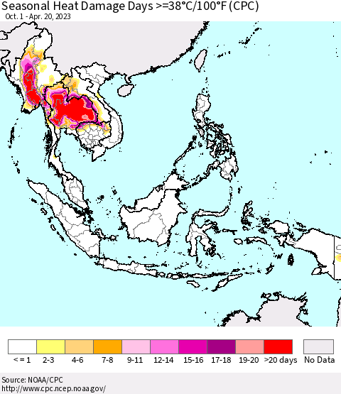 South East Asia Seasonal Heat Damage Days >=38°C/100°F (CPC) Thematic Map For 10/1/2022 - 4/20/2023